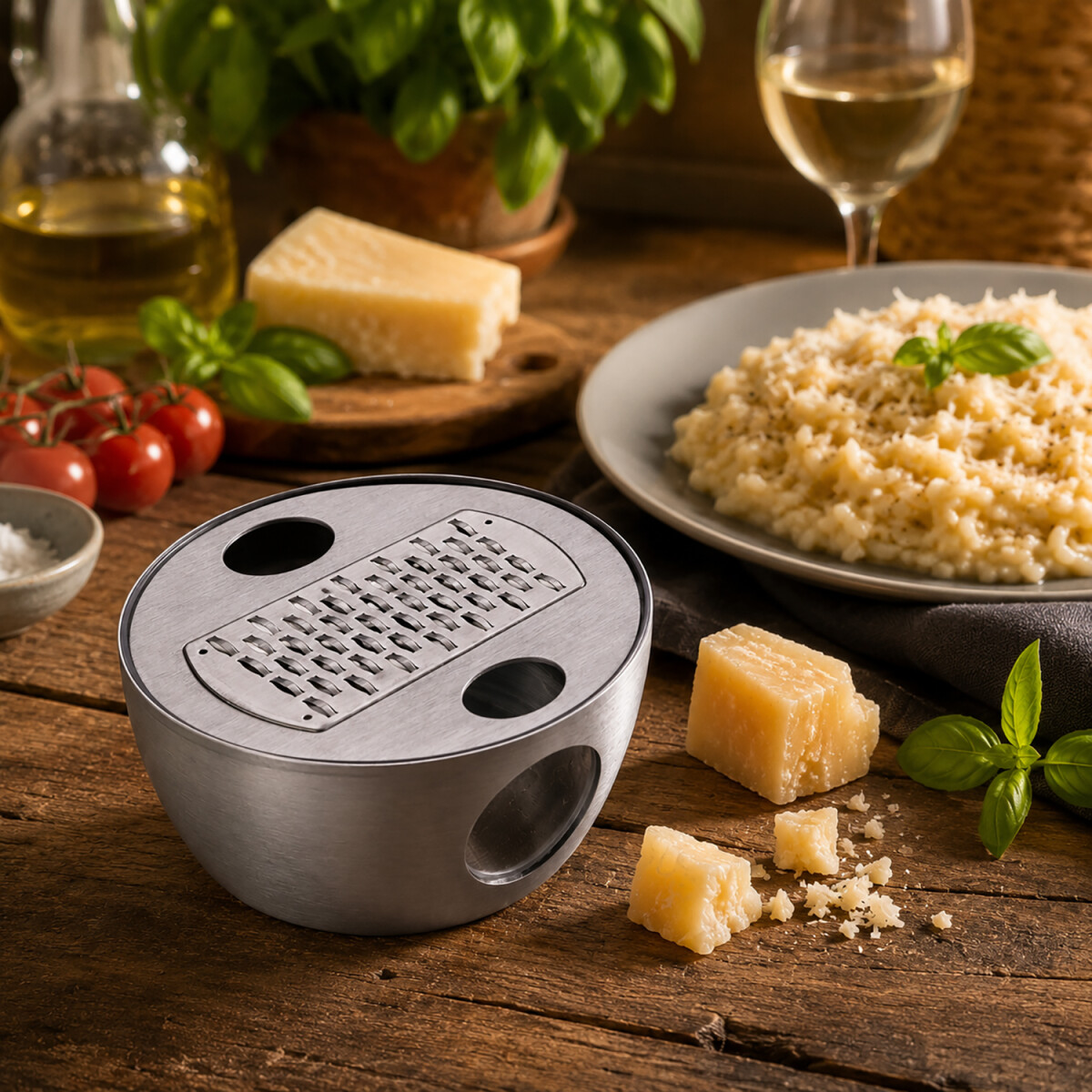 Parmesanreibe mit Deckel von LURCH neben Risotto, Basilikum und Parmesanst&uuml;cken in mediterraner K&uuml;chenatmosph&auml;re