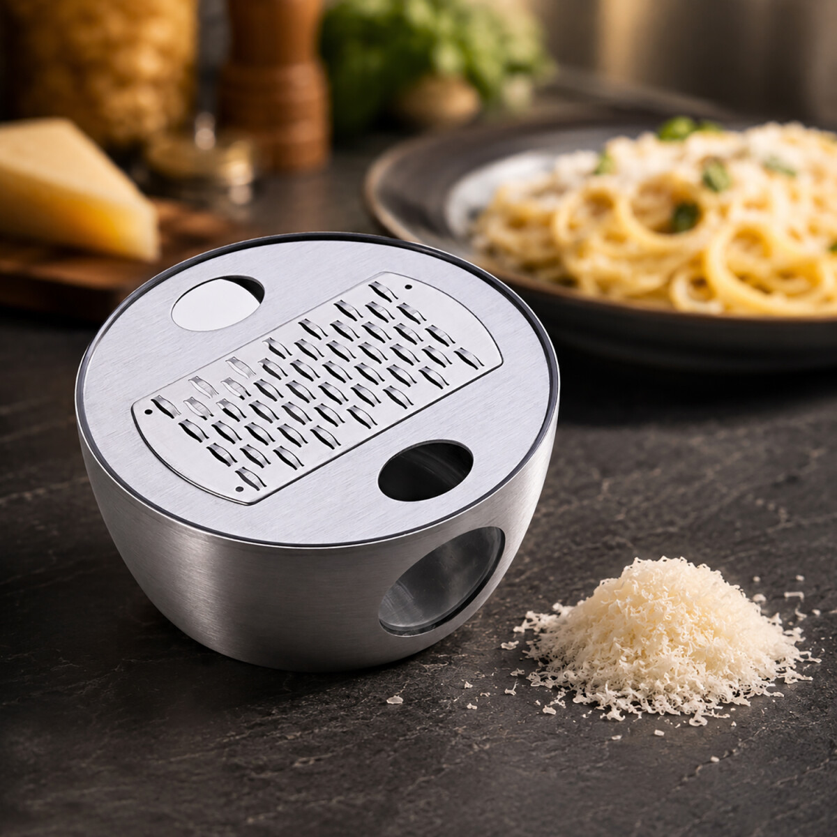 LURCH Parmesanreibe mit Zwei-Wege-Schneider und frischen Parmesansp&auml;nen auf rustikalem K&uuml;chentisch fotografiert
