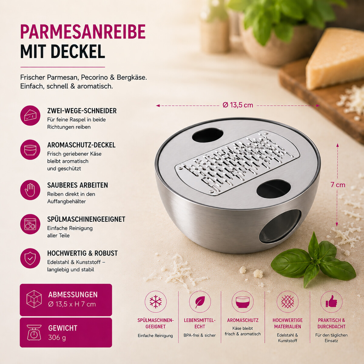 LURCH Parmesanreibe mit Zwei-Wege-Schneider mit technischen Informationen