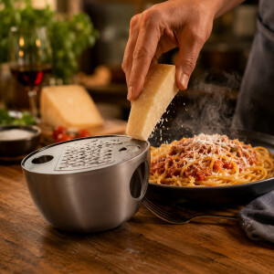 LURCH Parmesanreibe mit Deckel aus Edelstahl beim Reiben von frischem Parmesan &uuml;ber Pasta auf rustikalem Holztisch