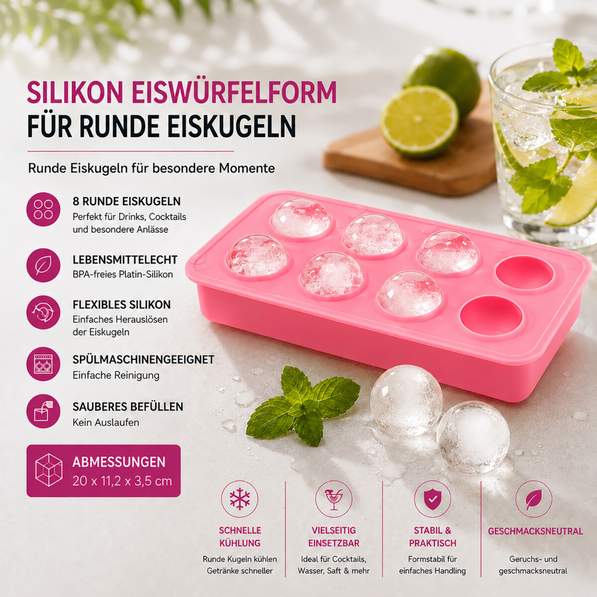 Flexible rosa Eisform f&uuml;r Cocktails und Sommerdrinks