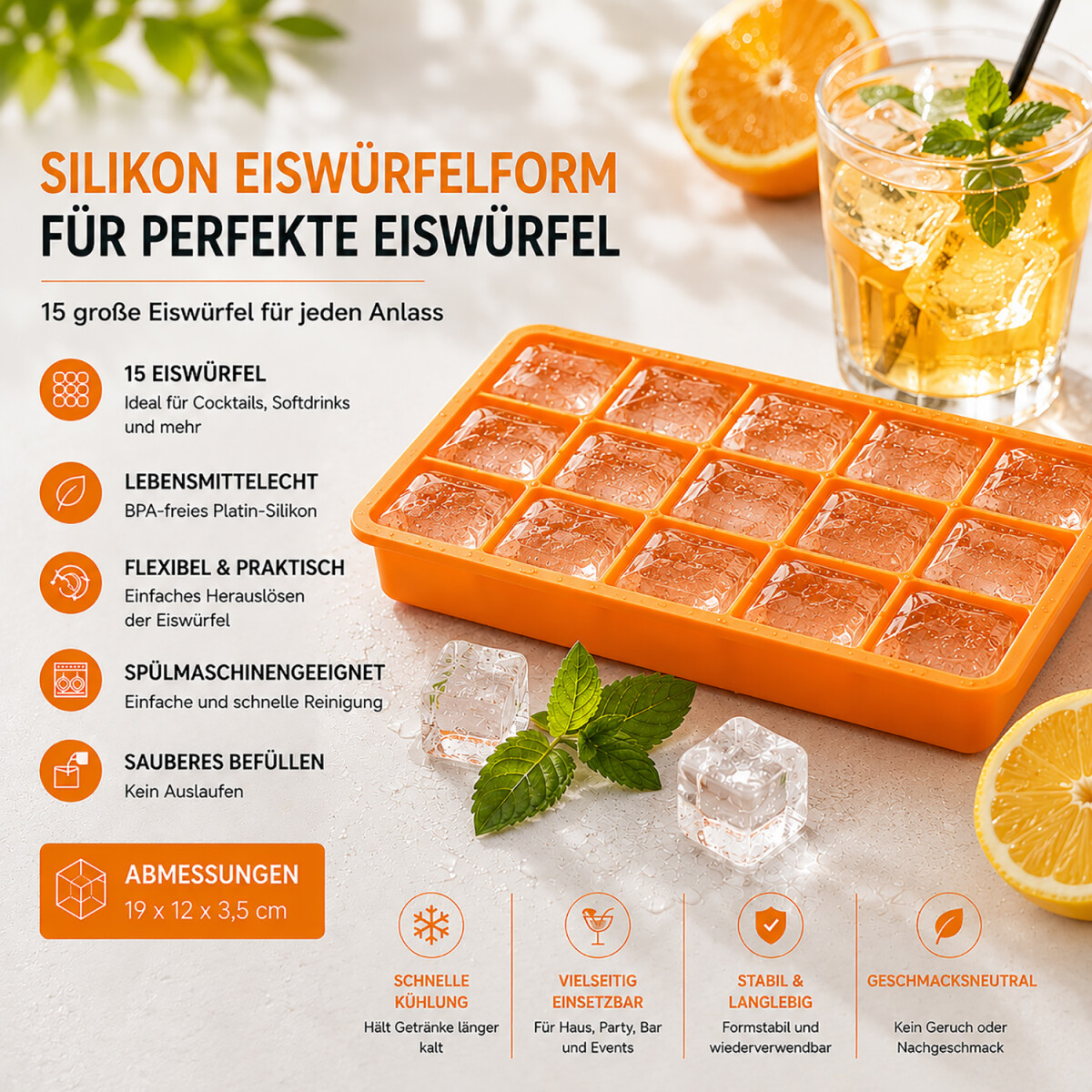 Flexible Silikon-Eisw&uuml;rfelform f&uuml;r 15 Eisw&uuml;rfel technische Angaben