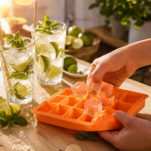 Hochwertige Eisw&uuml;rfelform aus Silikon mit gro&szlig;en Eisw&uuml;rfeln f&uuml;r Cocktails und Softdrinks
