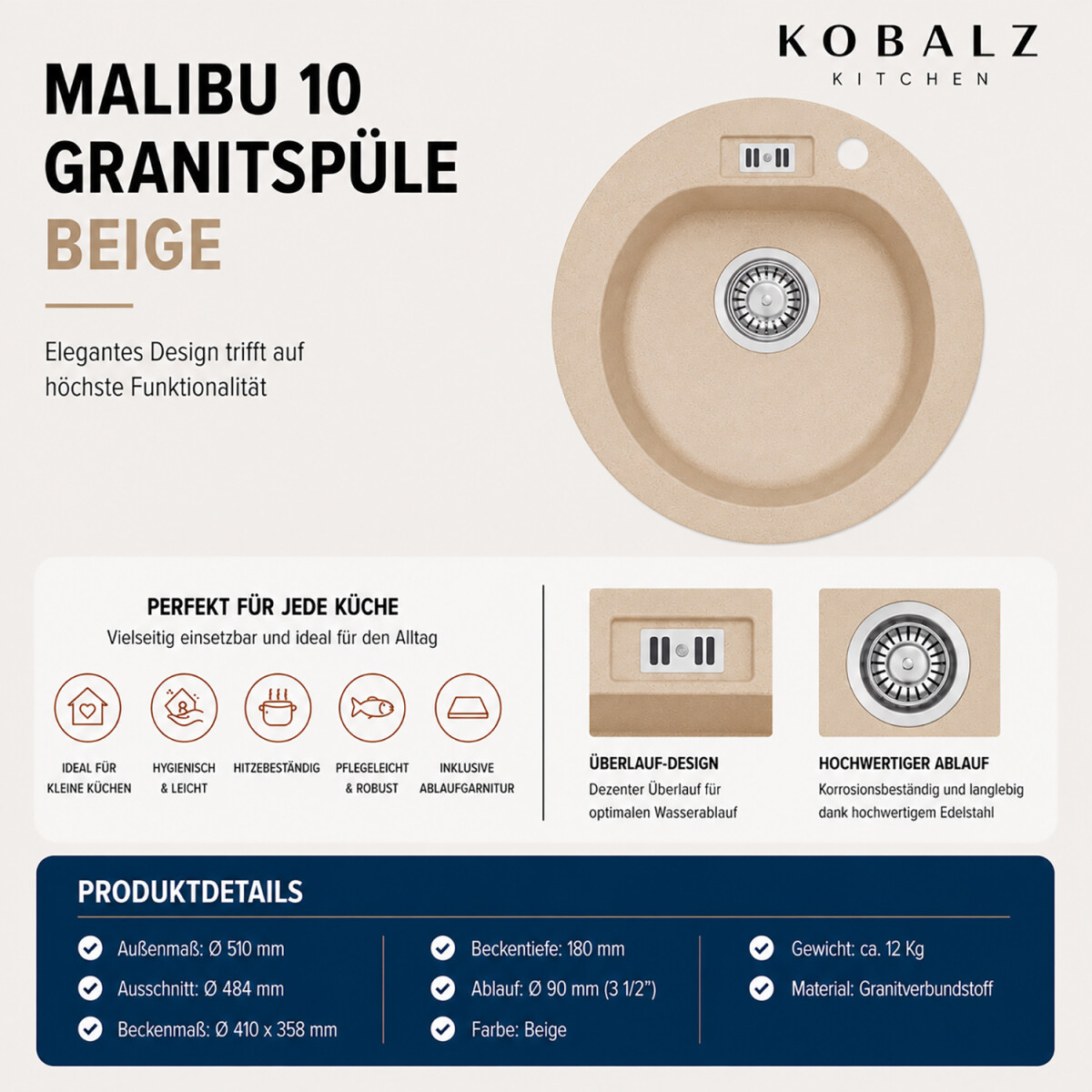 Granitsp&uuml;le Malibu 10 Rundsp&uuml;le Beige &Oslash; 510 mm