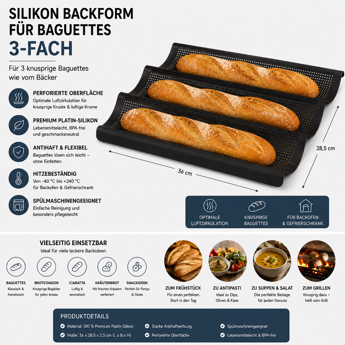 Baguette Backform 36x28,5 cm 3-fach braun Silikon