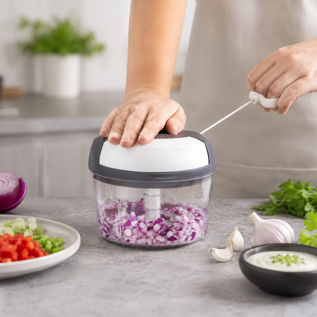 Frisch gehackte Zwiebeln im Lurch Multi-Chopper f&uuml;r schnelle Alltagsk&uuml;che