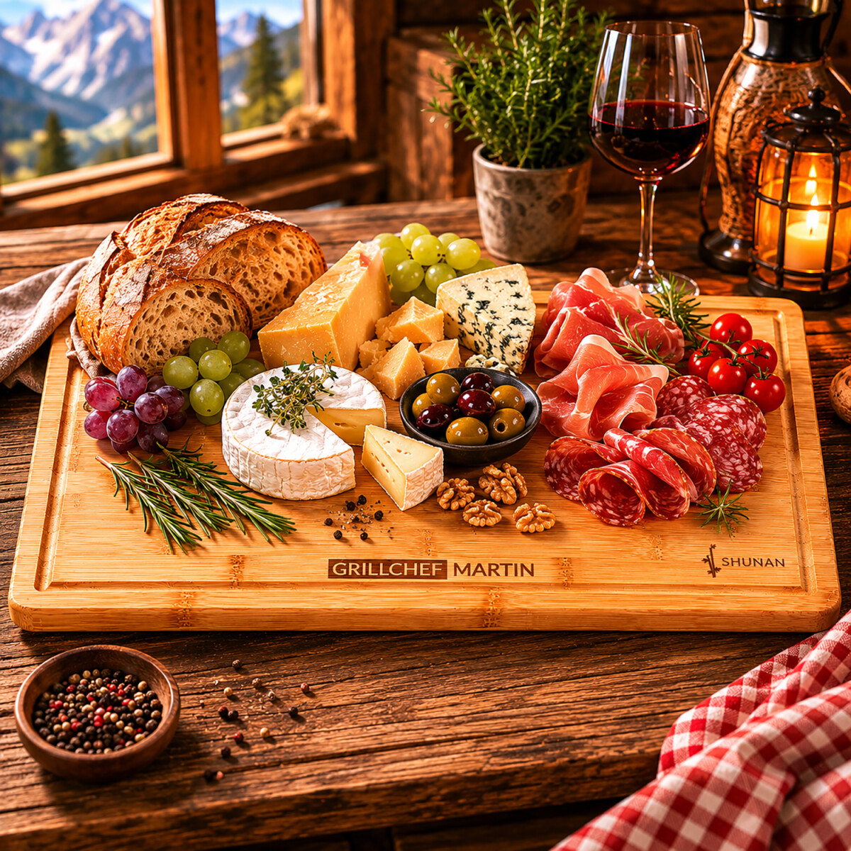 Rustikales Servierbrett aus Bambus mit personalisierter Gravur in hochwertiger Outdoor BBQ Szene