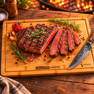 Original Bambus Schneidbrett GRILLCHEF freigestellt auf wei&szlig;em Hintergrund