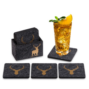 Filz-Untersetzer HIRSCH anthrazit / gold mit Box 9-teilig