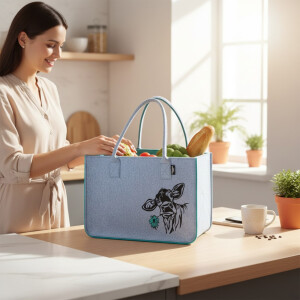 Camolo Filz-Einkaufstasche COW T&uuml;rkis-Grau mit Kuhmotiv 40 &times; 27 &times; 27 cm