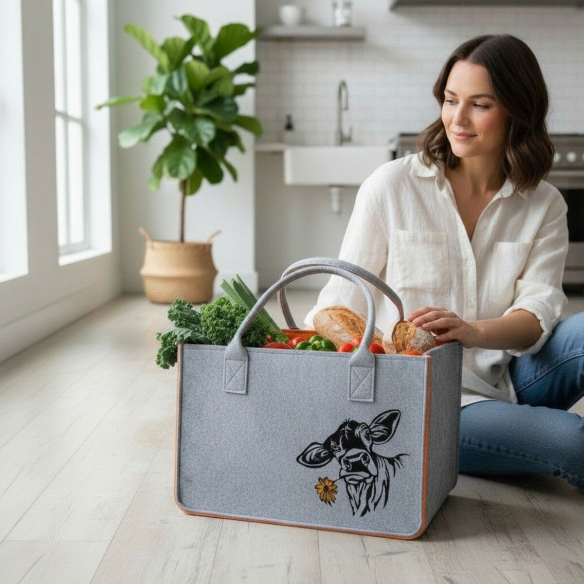 Camolo Filz-Einkaufstasche COW Orange-Grau mit Kuhmotiv 40 &times; 27 &times; 27 cm