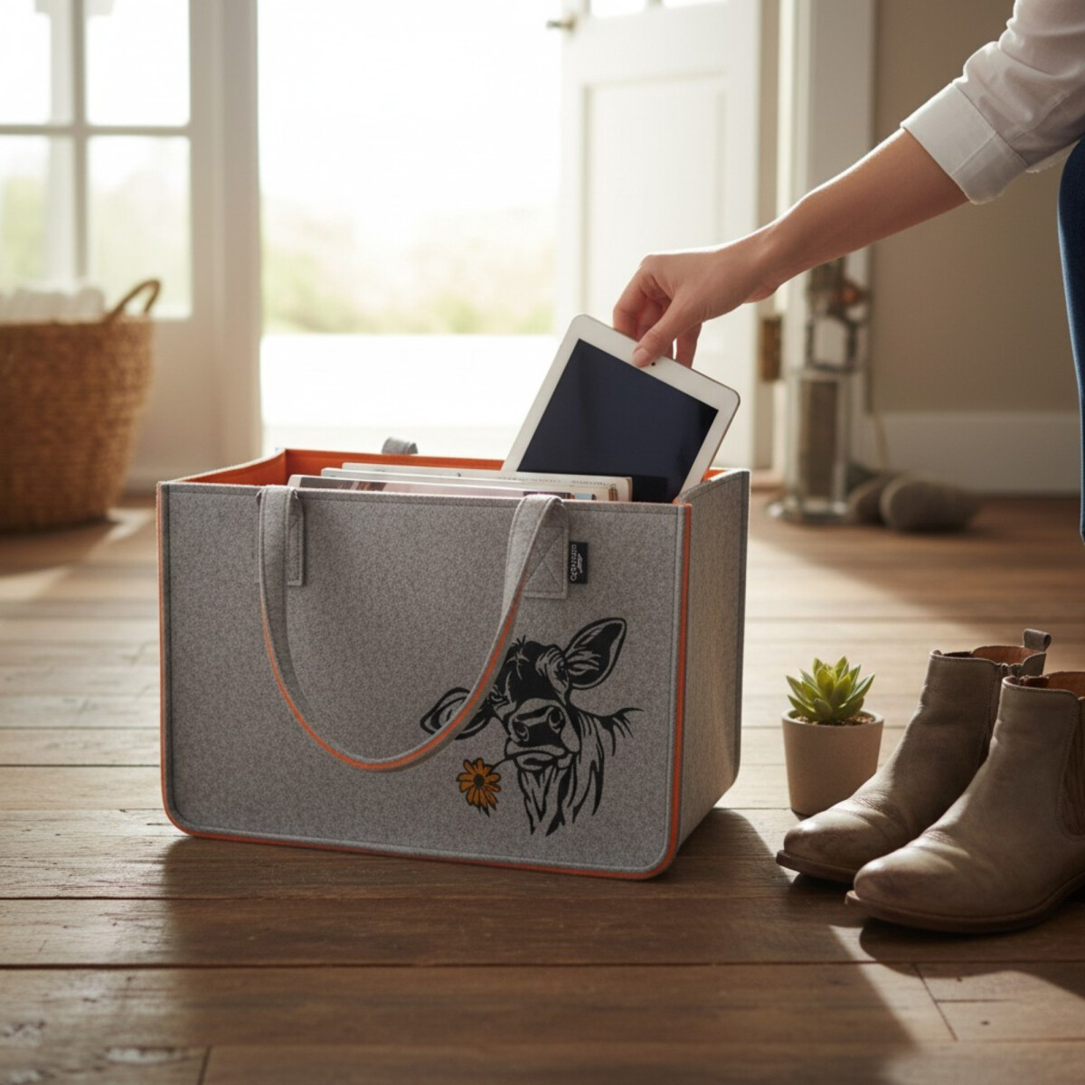Camolo Filz-Einkaufstasche COW Orange-Grau mit Kuhmotiv 40 &times; 27 &times; 27 cm
