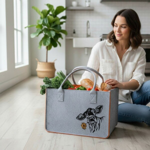 Camolo Filz-Einkaufstasche COW Orange-Grau mit Kuhmotiv 40 &times; 27 &times; 27 cm