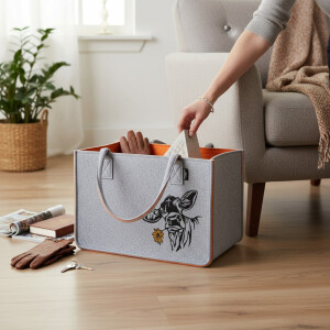 Camolo Filz-Einkaufstasche COW Orange-Grau mit Kuhmotiv 40 &times; 27 &times; 27 cm