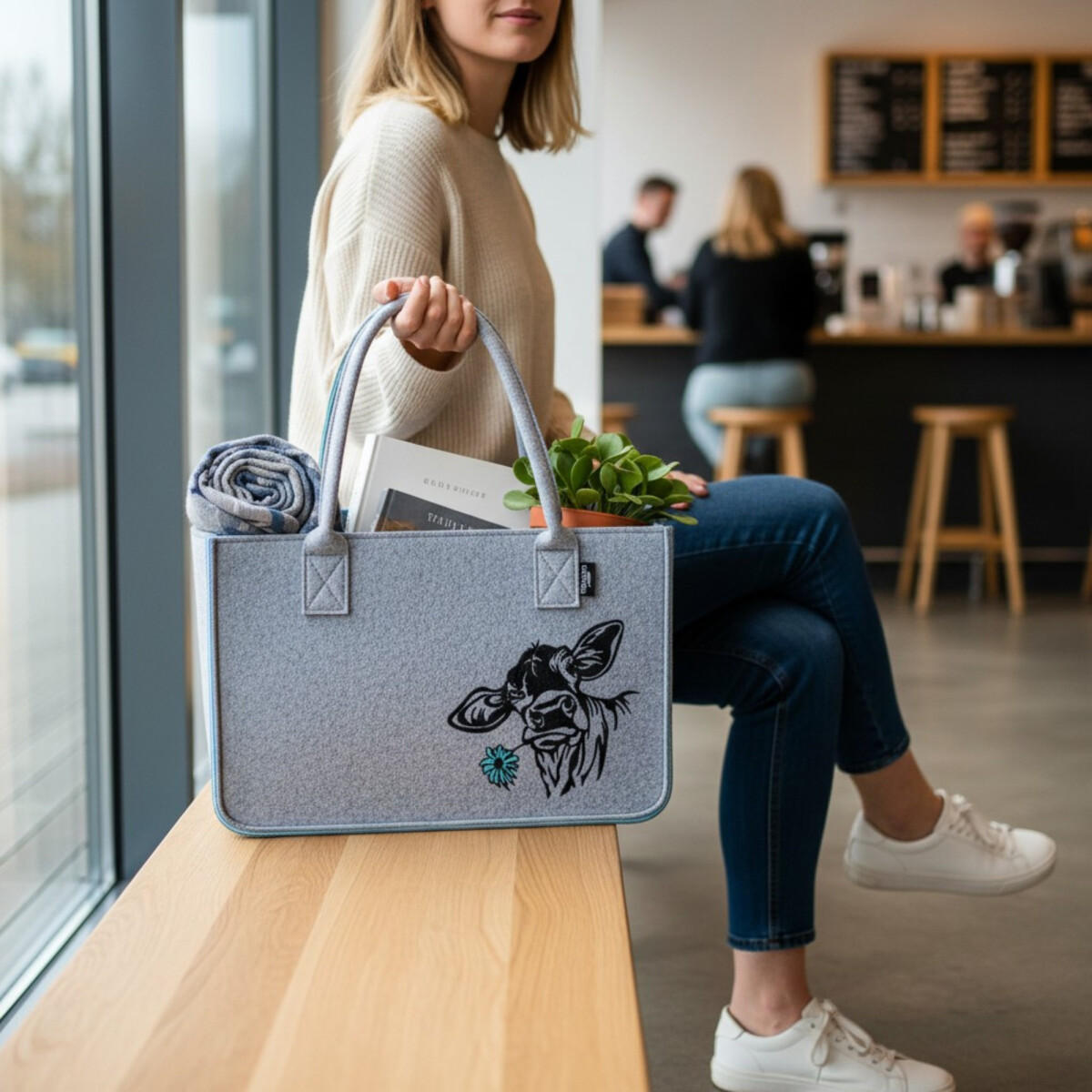 Camolo Filz-Einkaufstasche COW Blau-Grau mit Kuhmotiv 40 &times; 27 &times; 27 cm