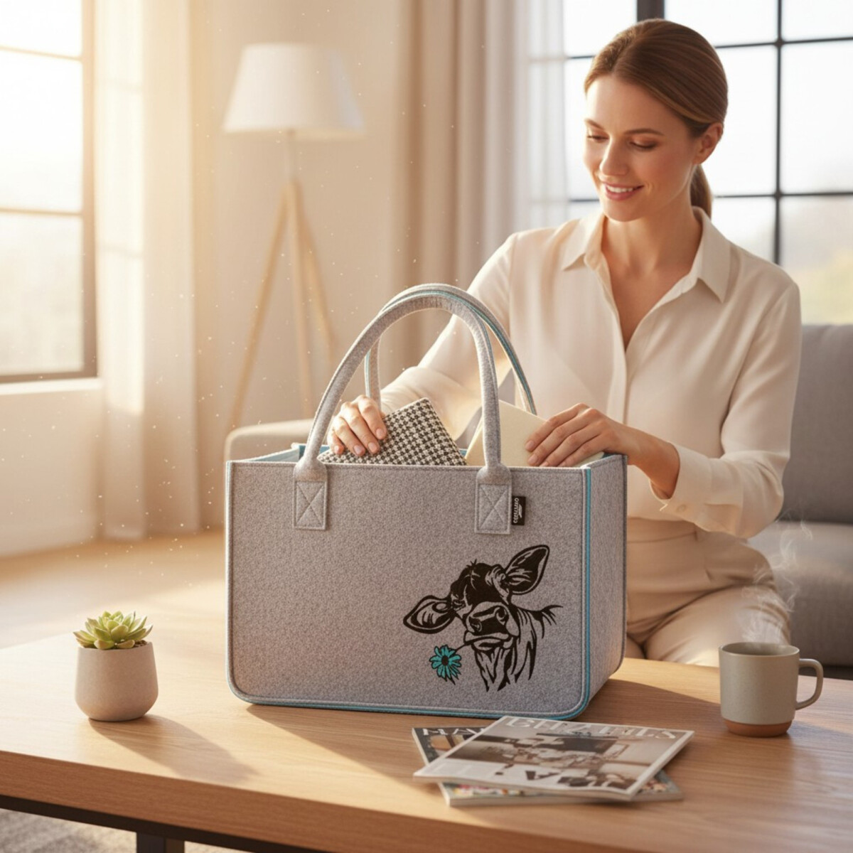 Camolo Filz-Einkaufstasche COW Blau-Grau mit Kuhmotiv 40 &times; 27 &times; 27 cm