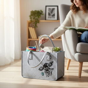 Camolo Filz-Einkaufstasche COW Blau-Grau mit Kuhmotiv 40 &times; 27 &times; 27 cm