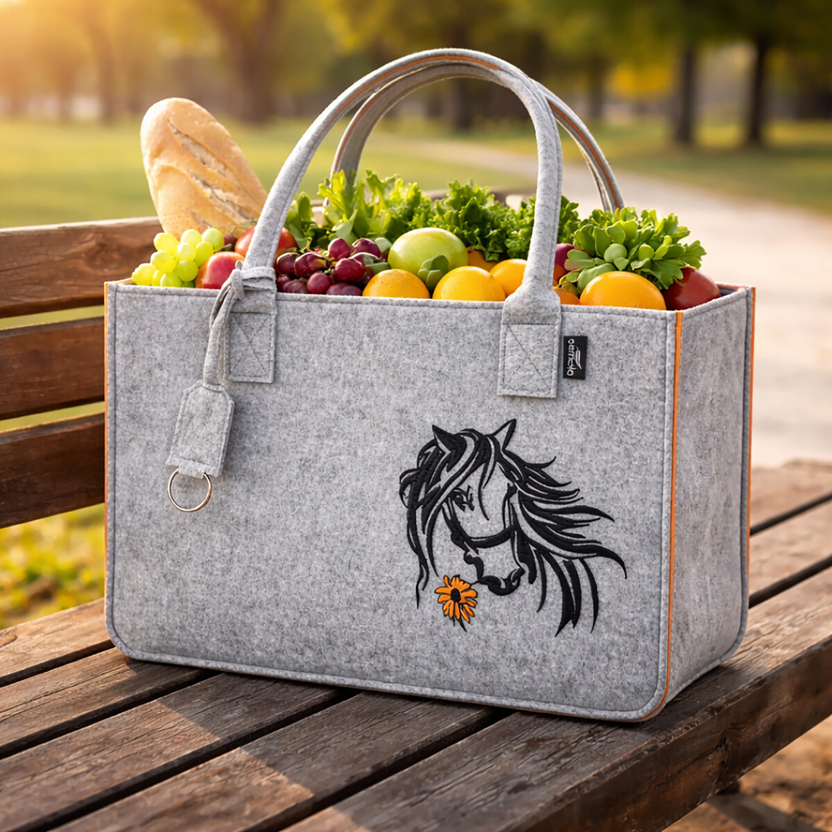 Filz Einkaufstasche HORSE mit Henkel Grau/Orange