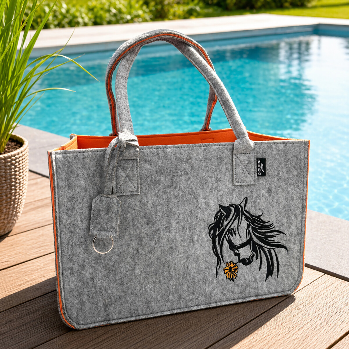 Filz Einkaufstasche HORSE mit Henkel Grau/Orange