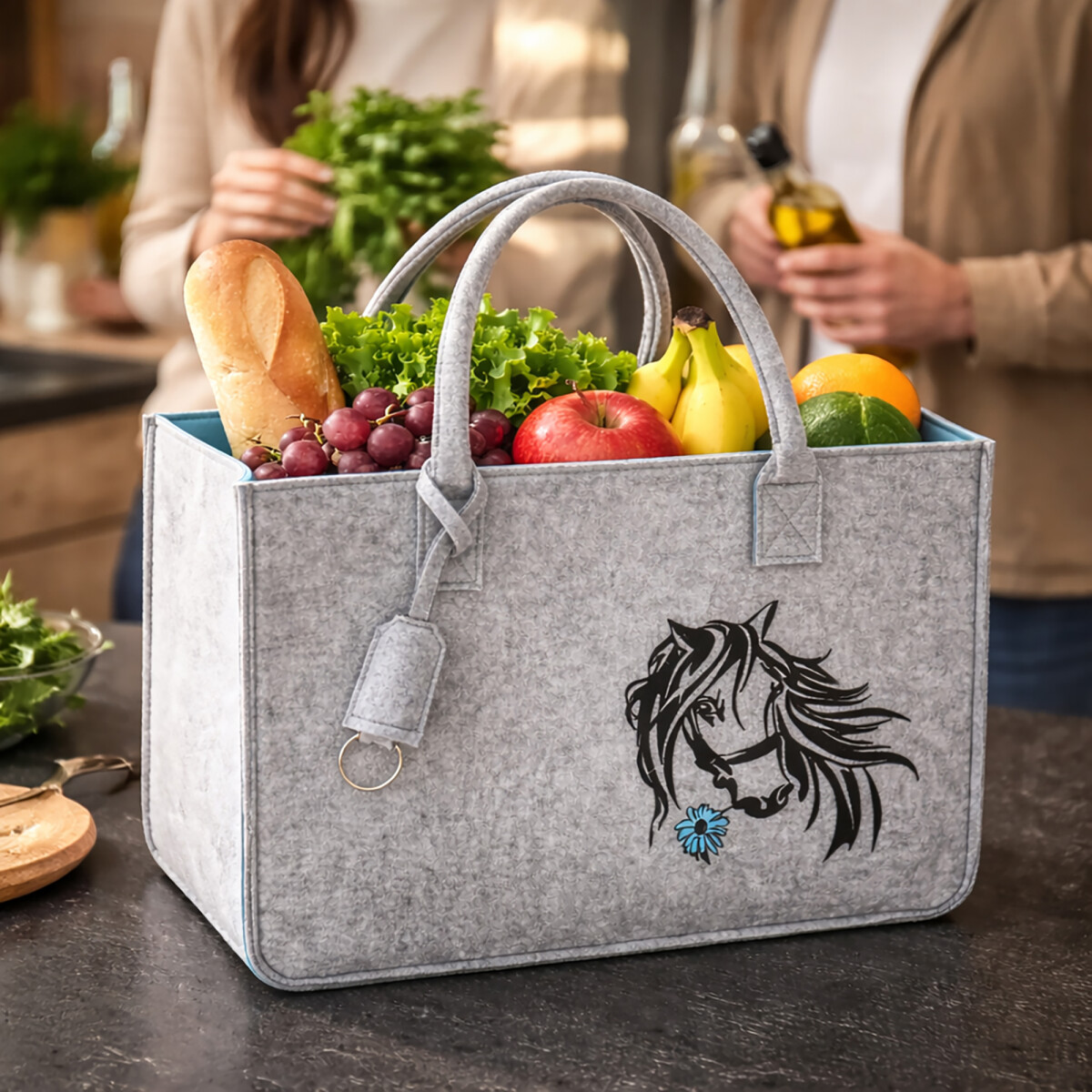 Filz Einkaufstasche HORSE mit Henkel Grau/Blau