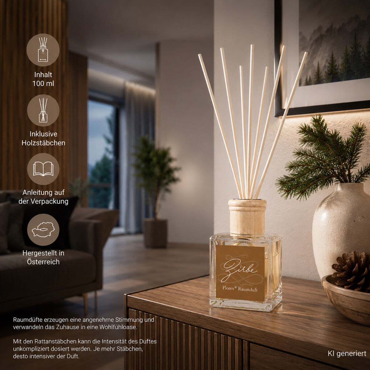 Florex Zirbe Raumduft als stilvolle Wohnaccessoire Dekoration im Fkur mit Holz und Kerzenlicht