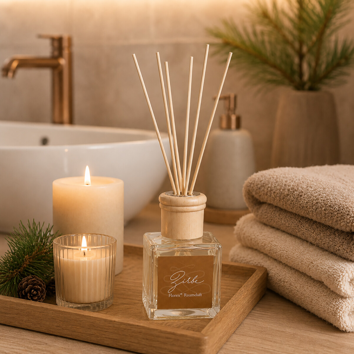Zirbenduft Raumduft von Florex im modernen Badezimmer mit Kerzen und gefalteten Handt&uuml;chern