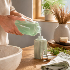 Florex Fl&uuml;ssigseife Eisenkraut wird in einen eleganten Glas-Seifenspender im modernen Badezimmer umgef&uuml;llt