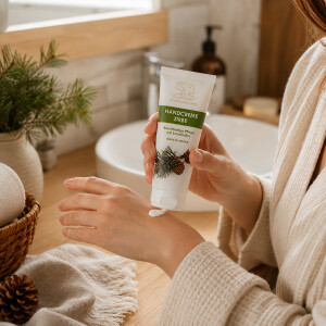 Frau cremt trockene H&auml;nde mit Florex Handcreme Zirbe im warmen Badezimmer bei nat&uuml;rlichem Morgenlicht ein