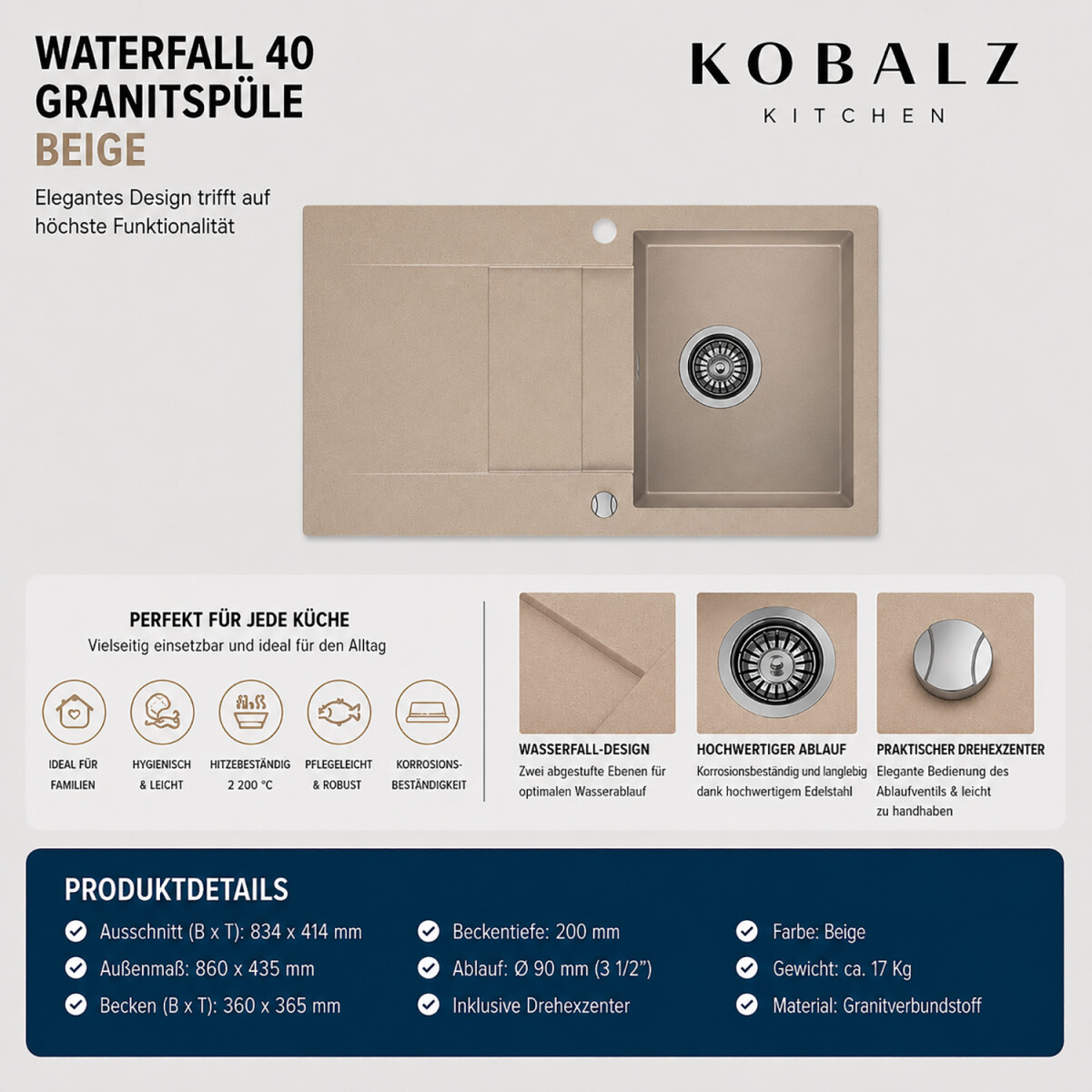 Sp&uuml;le Waterfall 40 Beige 86 x 43,5 mm