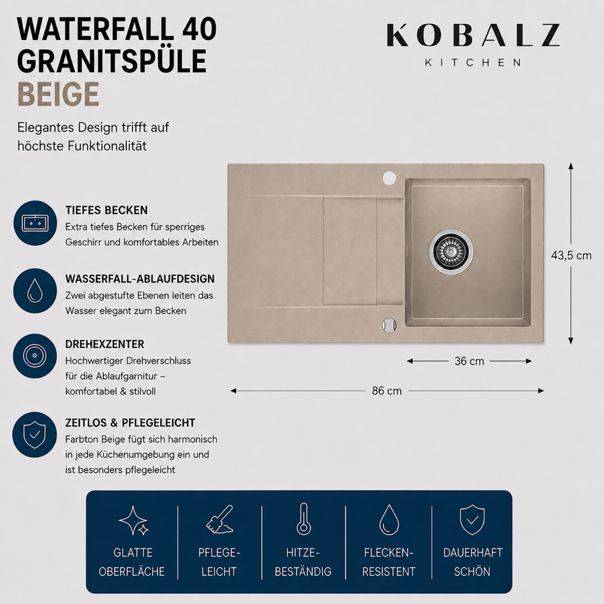 Sp&uuml;le Waterfall 40 Beige 86 x 43,5 mm