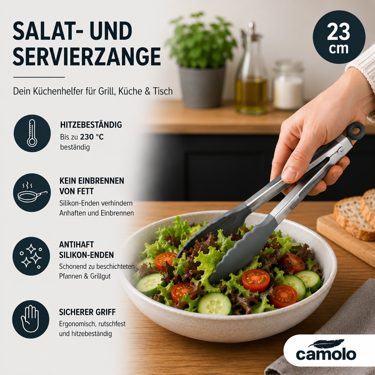 Camolo Salatzange Silikon Edelstahl 23 cm