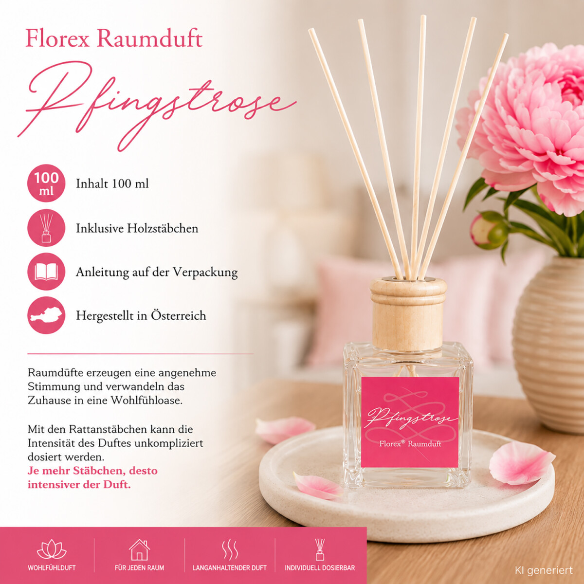 Florex Raumduft Pfingstrose 100ml mit St&auml;bchen