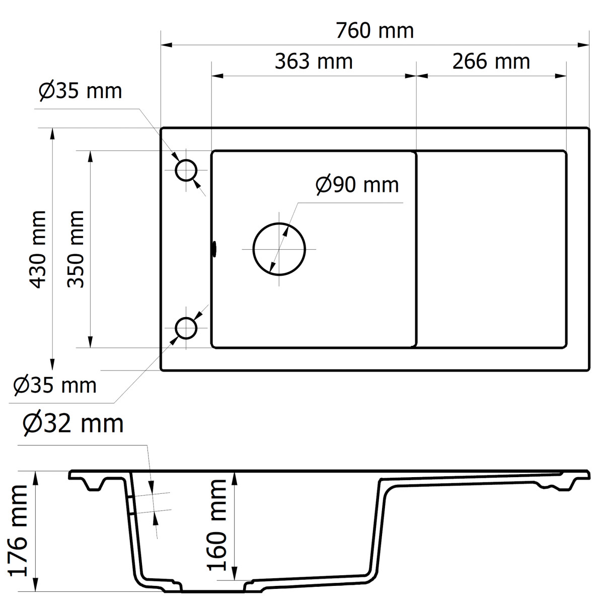 Granitsp&uuml;le ZEN 76 f&uuml;r die K&uuml;che 760x 430 mm