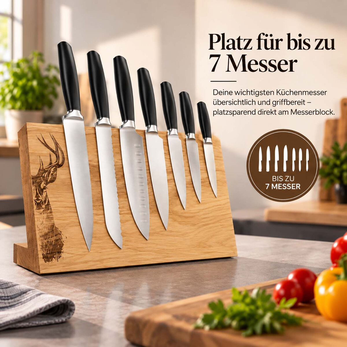 Camolo Magnet Messerblock aus Eiche mit Hirschmotiv f&uuml;r bis zu 7 Messer