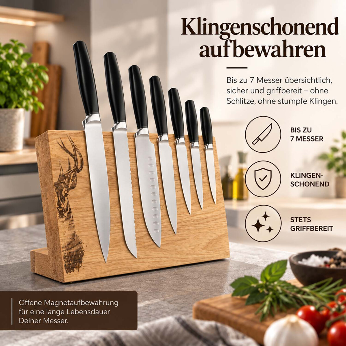 Camolo Magnet Messerblock aus Eiche mit Hirschmotiv f&uuml;r bis zu 7 Messer