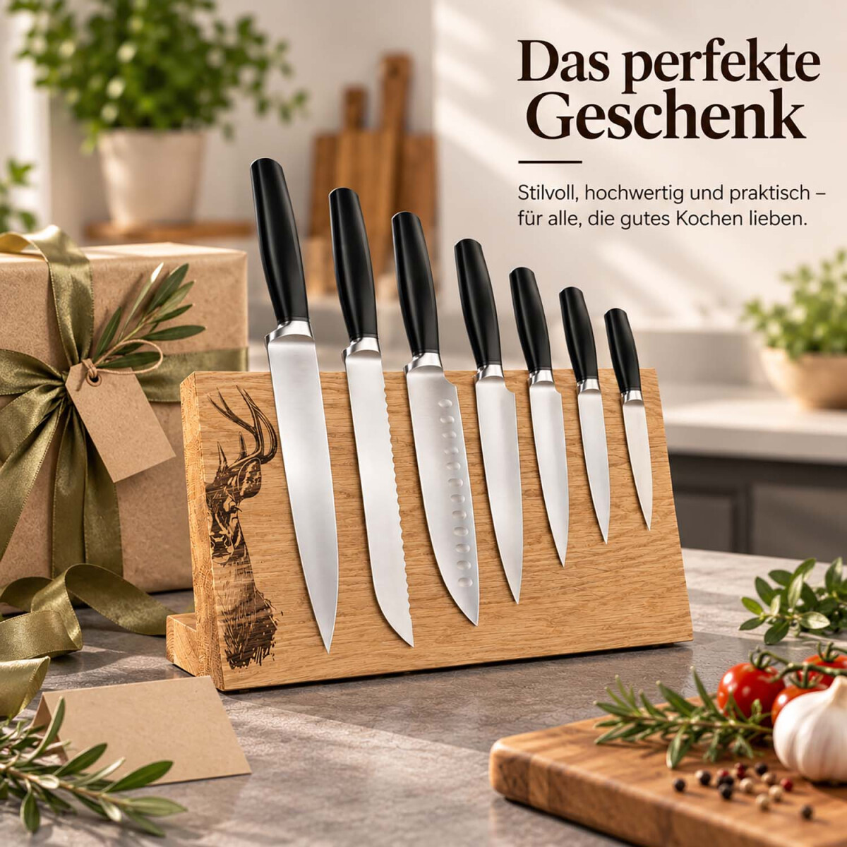 Camolo Magnet Messerblock aus Eiche mit Hirschmotiv f&uuml;r bis zu 7 Messer