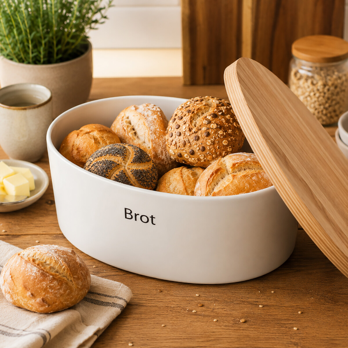 Ovaler Brottopf aus Keramik mit Holzdeckel Weiss