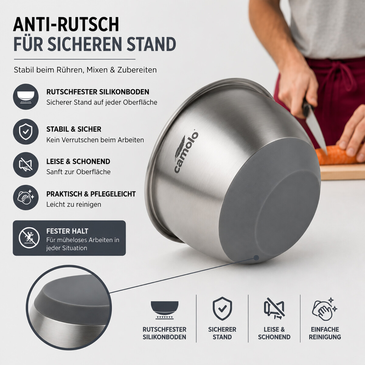CAMOLO Edelstahl R&uuml;hrsch&uuml;ssel Set mit Deckel &ndash; 3 Gr&ouml;&szlig;en f&uuml;r K&uuml;che, Backen &amp; Meal Prep