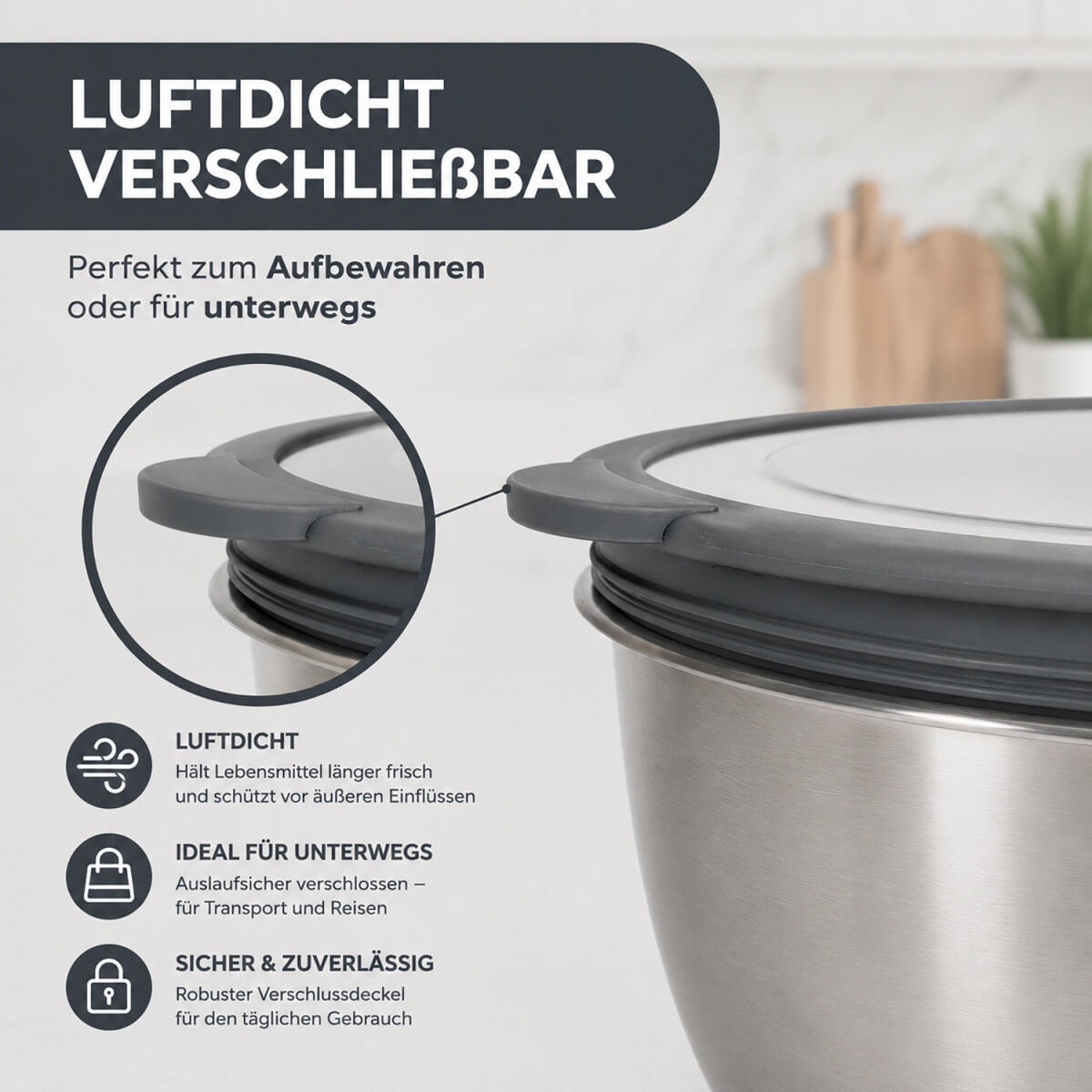 CAMOLO Edelstahl R&uuml;hrsch&uuml;ssel Set mit Deckel &ndash; 3 Gr&ouml;&szlig;en f&uuml;r K&uuml;che, Backen &amp; Meal Prep