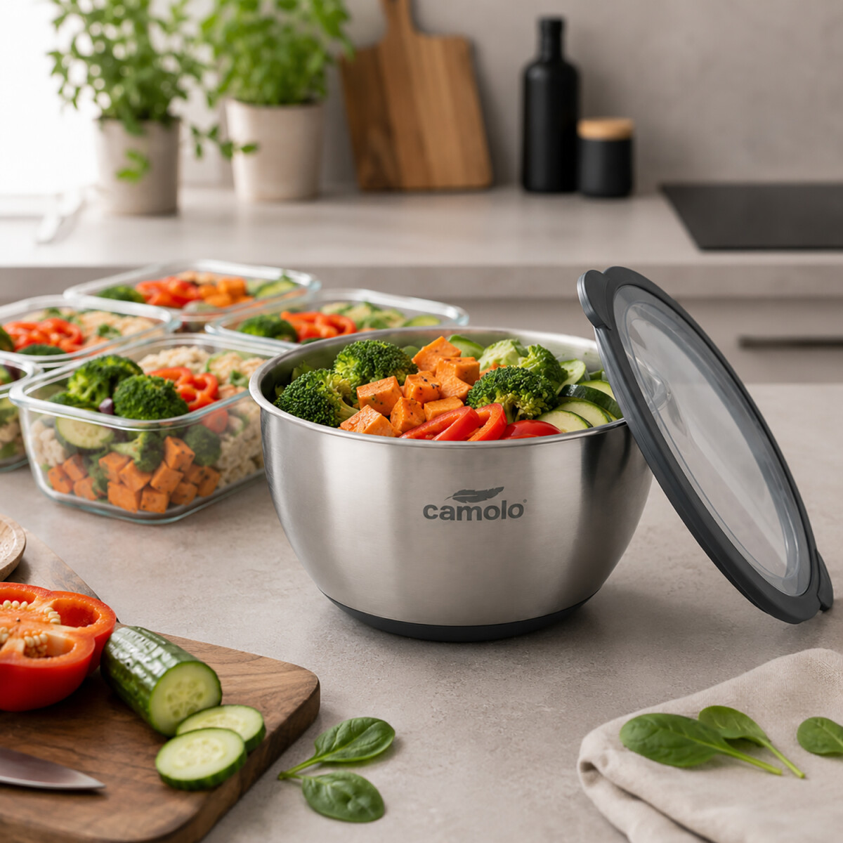CAMOLO Edelstahl R&uuml;hrsch&uuml;ssel Set mit Deckel &ndash; 3 Gr&ouml;&szlig;en f&uuml;r K&uuml;che, Backen &amp; Meal Prep