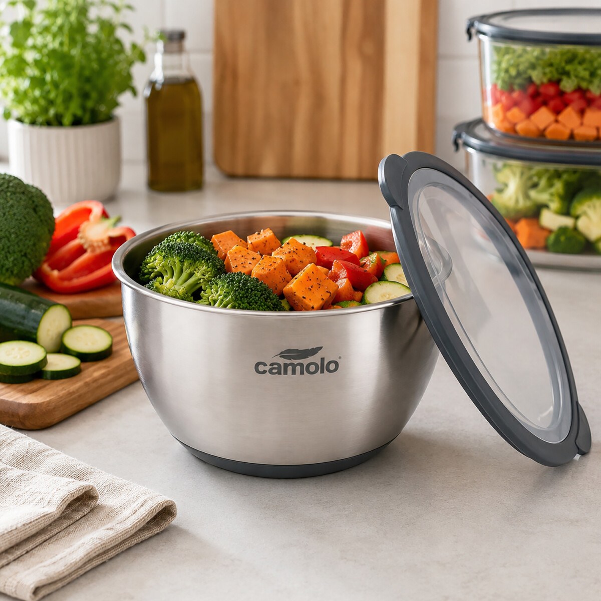 CAMOLO Edelstahl R&uuml;hrsch&uuml;ssel Set mit Deckel &ndash; 3 Gr&ouml;&szlig;en f&uuml;r K&uuml;che, Backen &amp; Meal Prep