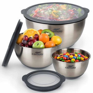 CAMOLO Edelstahl Rührschüssel Set mit Deckel – 3 Größen für Küche, Backen & Meal Prep