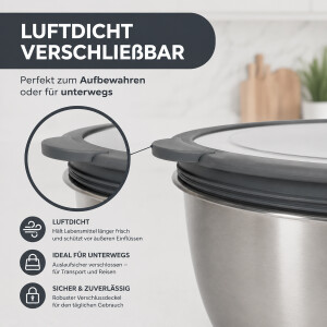 CAMOLO Edelstahl R&uuml;hrsch&uuml;ssel Set mit Deckel &ndash; 3 Gr&ouml;&szlig;en f&uuml;r K&uuml;che, Backen &amp; Meal Prep