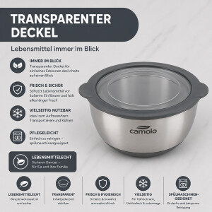 CAMOLO Edelstahl R&uuml;hrsch&uuml;ssel Set mit Deckel &ndash; 3 Gr&ouml;&szlig;en f&uuml;r K&uuml;che, Backen &amp; Meal Prep