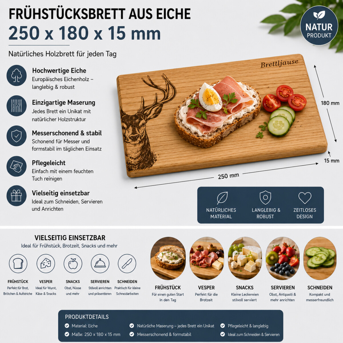 Fr&uuml;hst&uuml;cksbrett Brettljause aus Eiche 250 x 180 x 15 mm mit Hirsch