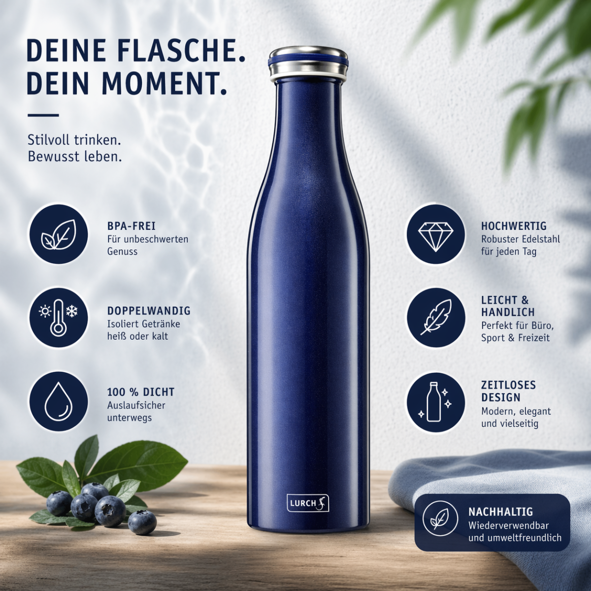 LURCH Isolierflasche 0,75 l Blau Metallic