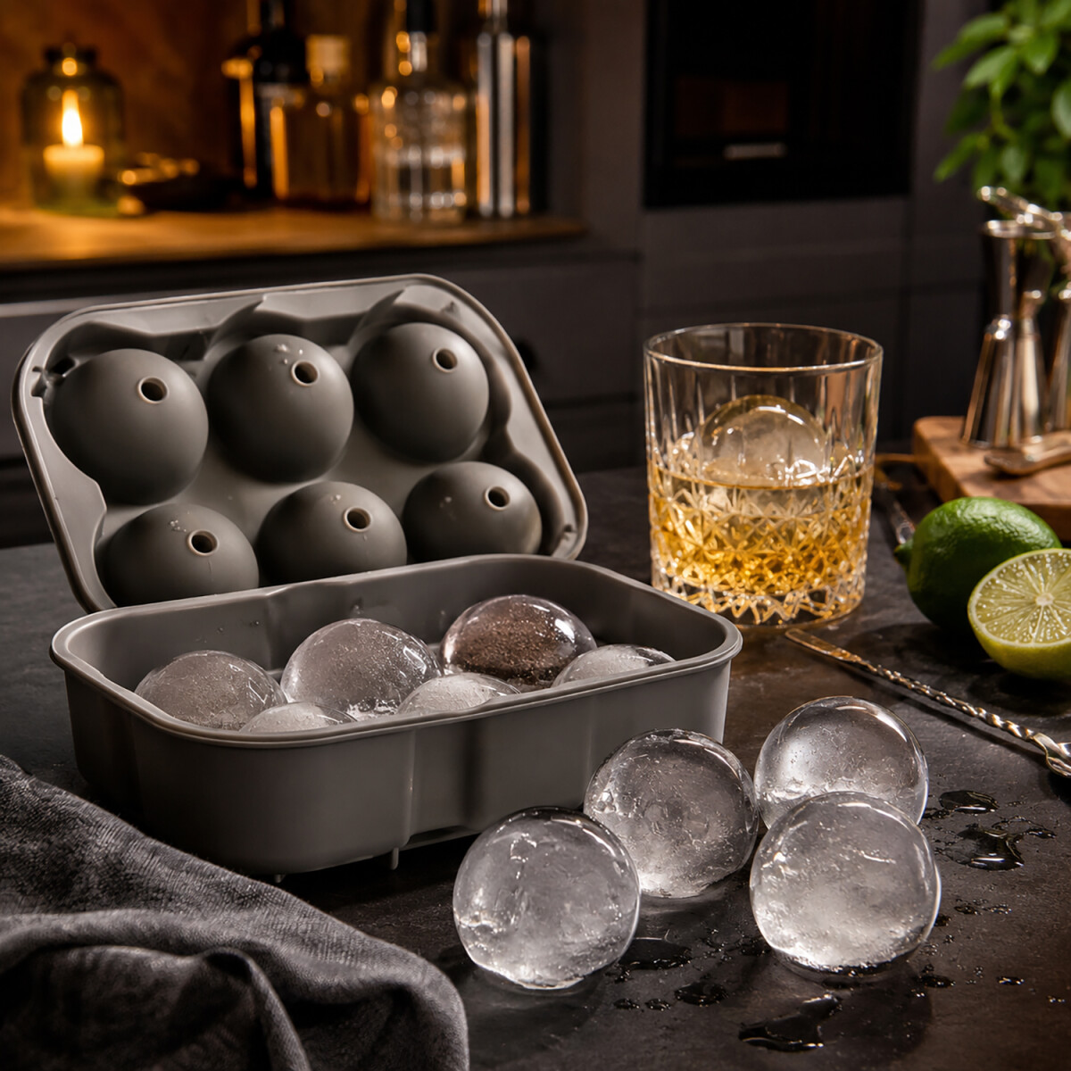 Hochwertige Eisw&uuml;rfelform aus Silikon f&uuml;r gro&szlig;e Cocktail- und Whisky-Eiskugeln
