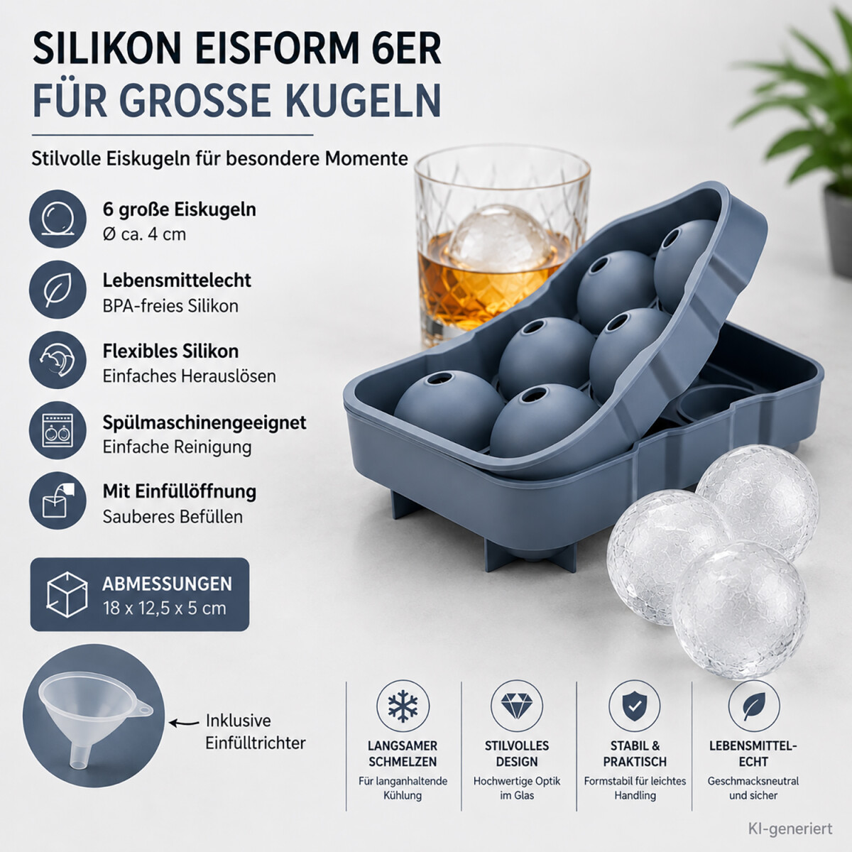 Silikon Eisw&uuml;rfelform Pantone 431 f&uuml;r gro&szlig;e runde Eisw&uuml;rfel und Sommerdrinks
