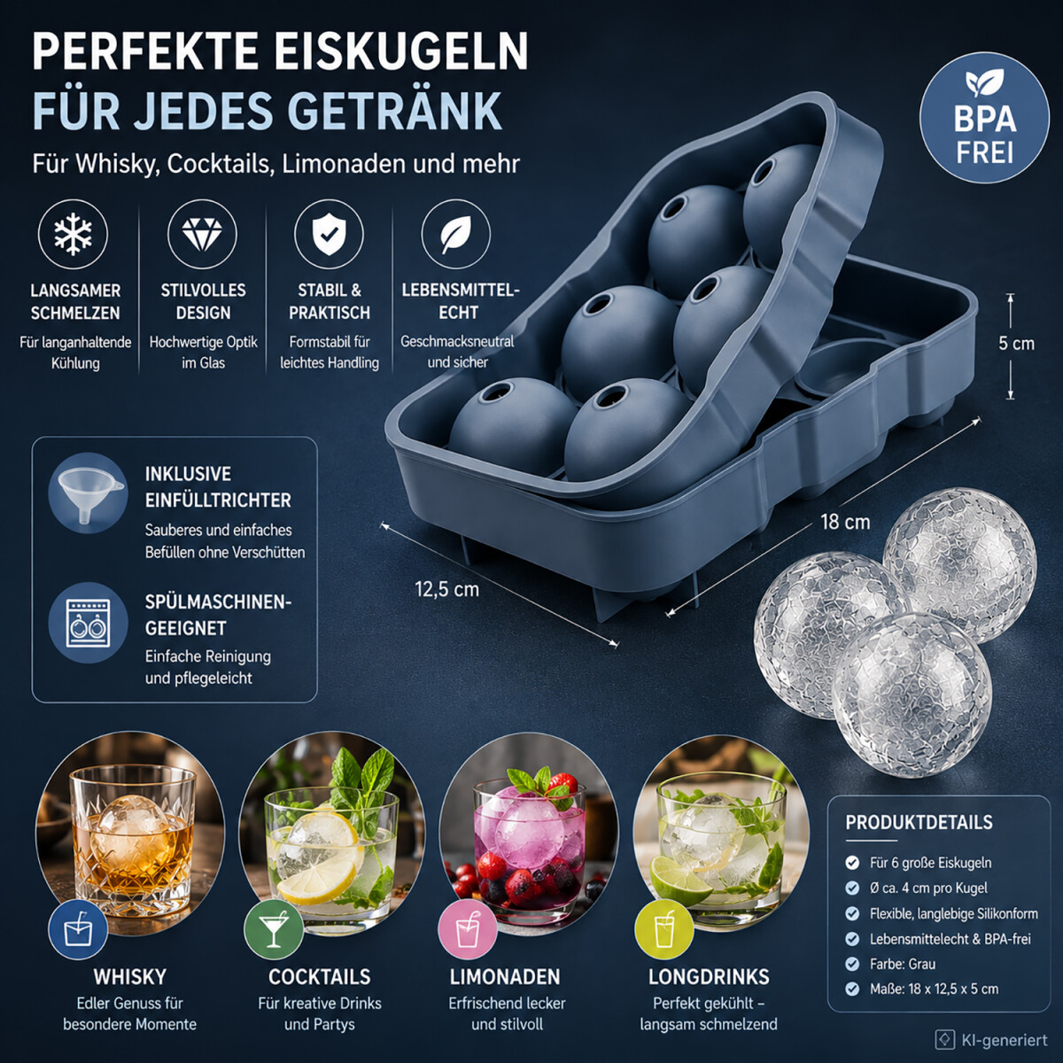 Premium Silikon-Eisform mit 6 Kugelformen f&uuml;r Cocktails, Whisky und Longdrinks