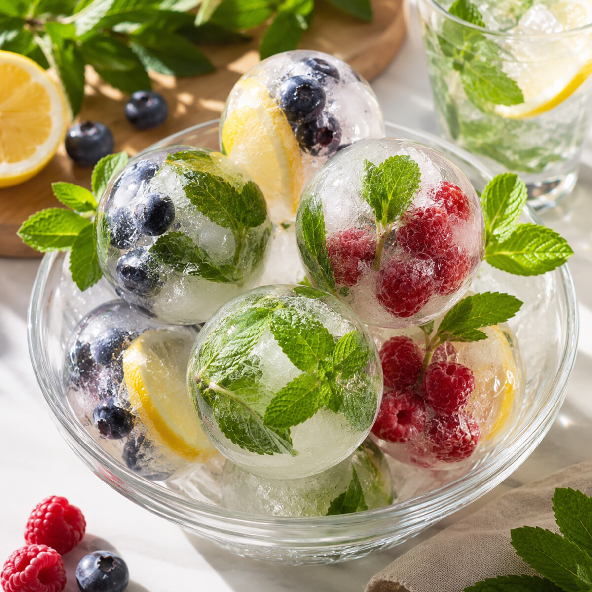 Gro&szlig;e transparente Eiskugeln mit eingefrorenen Himbeeren, Blaubeeren, Zitronenscheiben und frischer Minze in einer Glasschale &ndash; sommerliche Cocktail-Deko mit frischem Pinterest- und Instagram-Look.